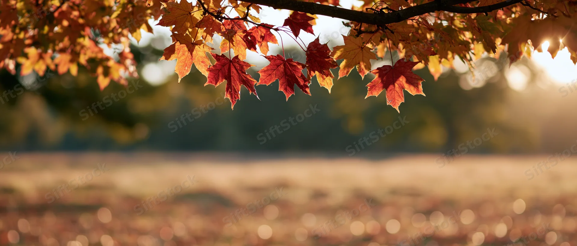 Maple leaves hanging over a sunlit field in autumn