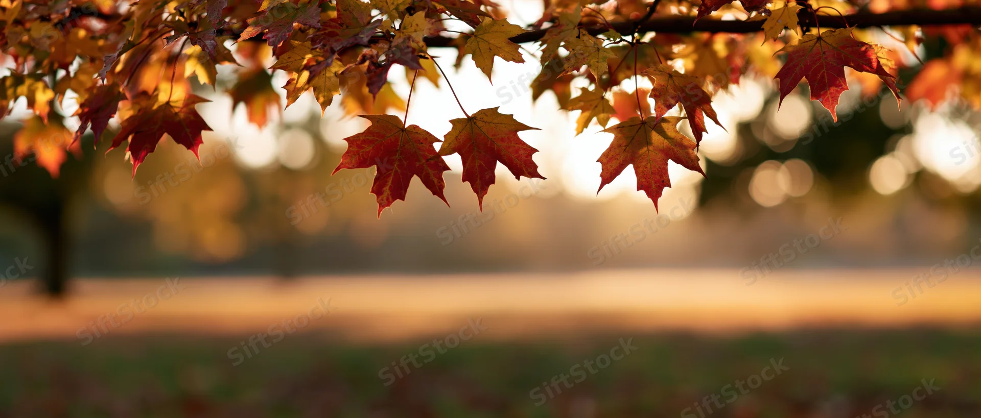 Maple leaves in autumn colors hanging over a blurred park landscape at sunset