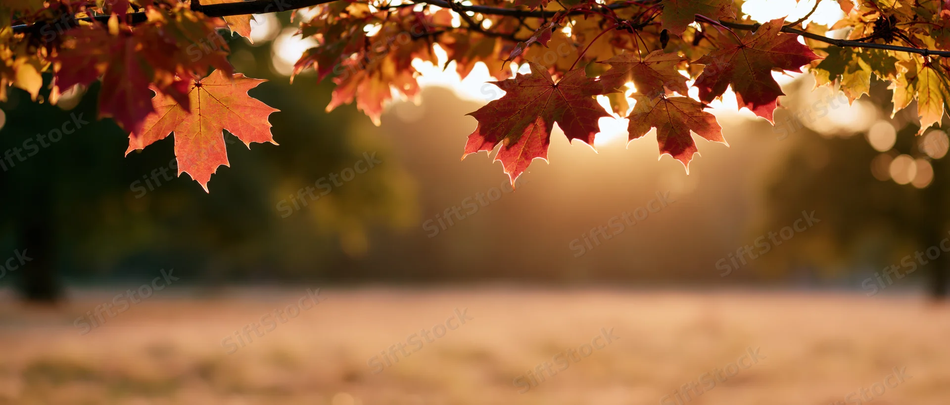 Maple leaves hanging across the top of the frame over a blurred autumn landscape