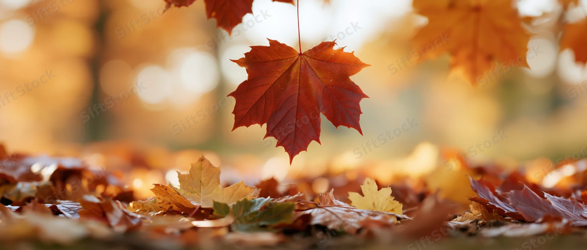 Maple leaf hanging above scattered autumn leaves on forest ground