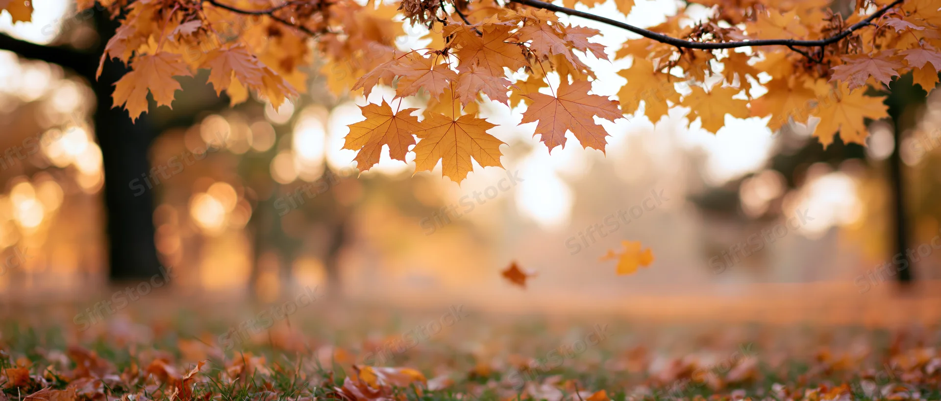 Autumn maple leaves hanging from branches over grassy ground in a park at golden hour