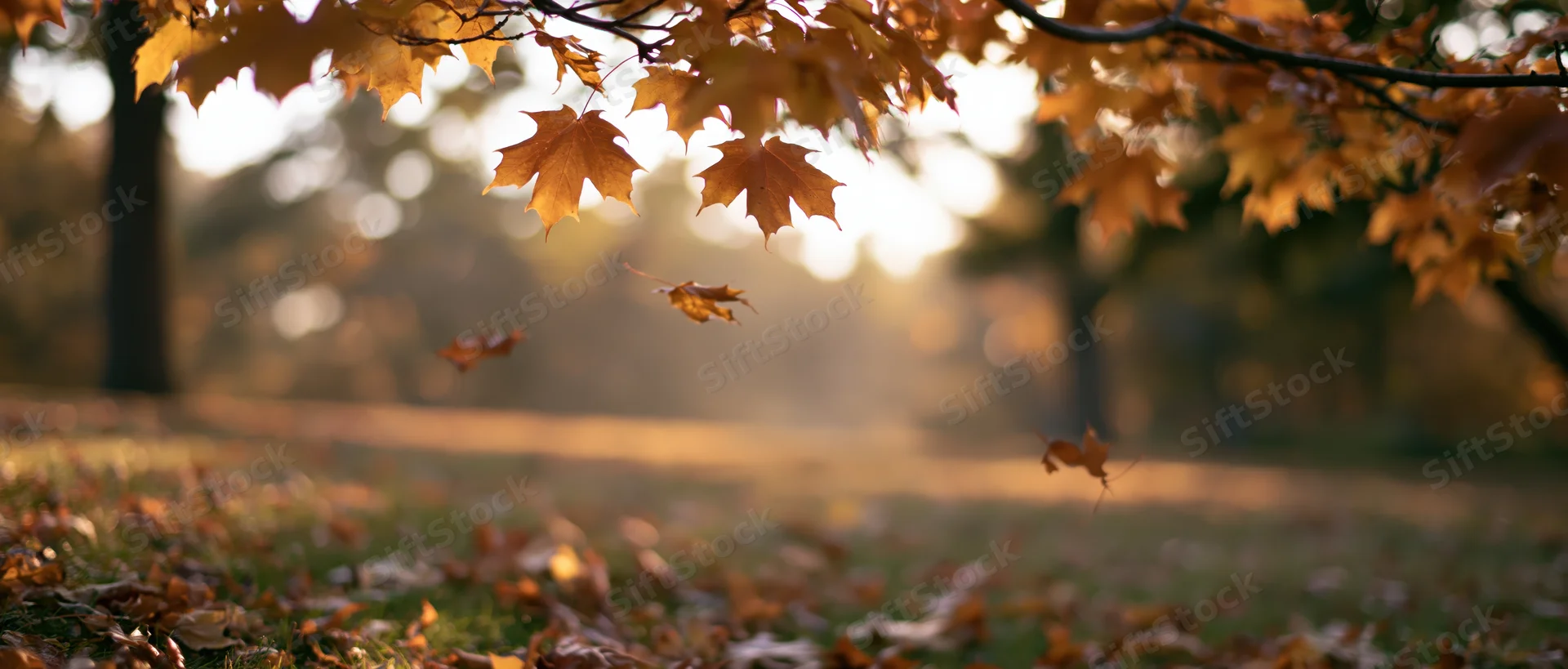 Maple leaves falling from branches over grassy park ground in autumn sunlight