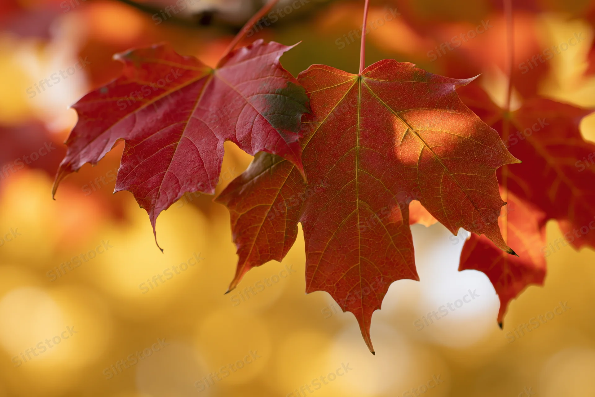 Red and orange maple leaves hanging from a branch in autumn foliage