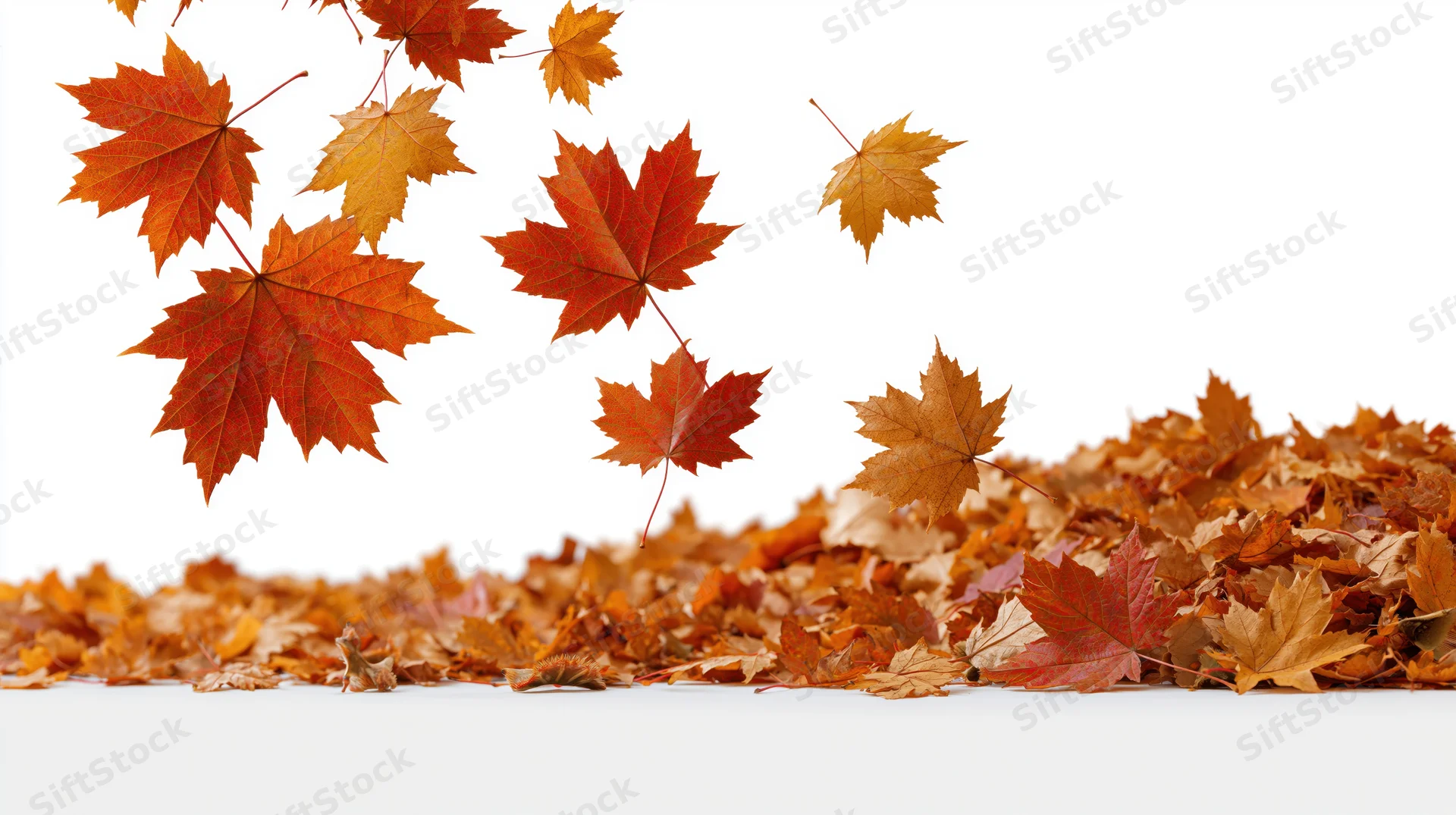 Maple leaves falling and piled on white surface