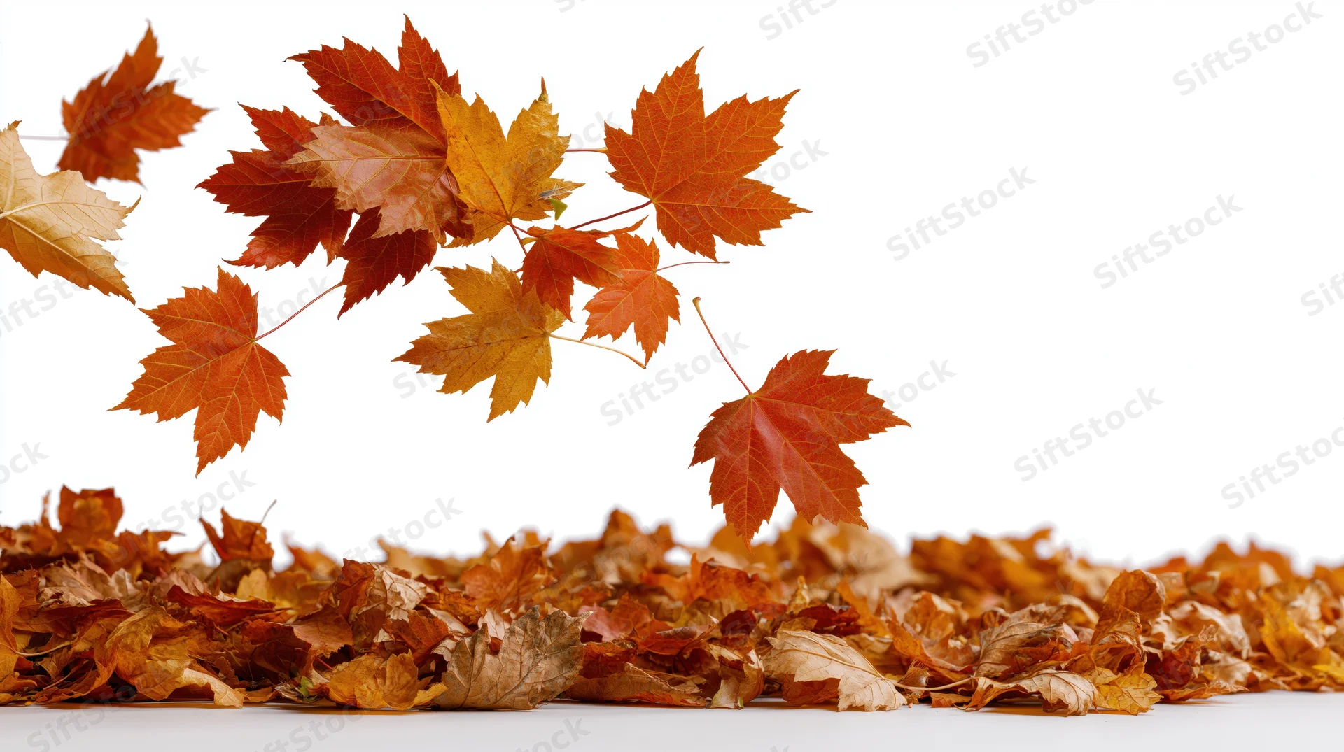 Maple leaves falling in mid-air above a pile of autumn foliage on white background
