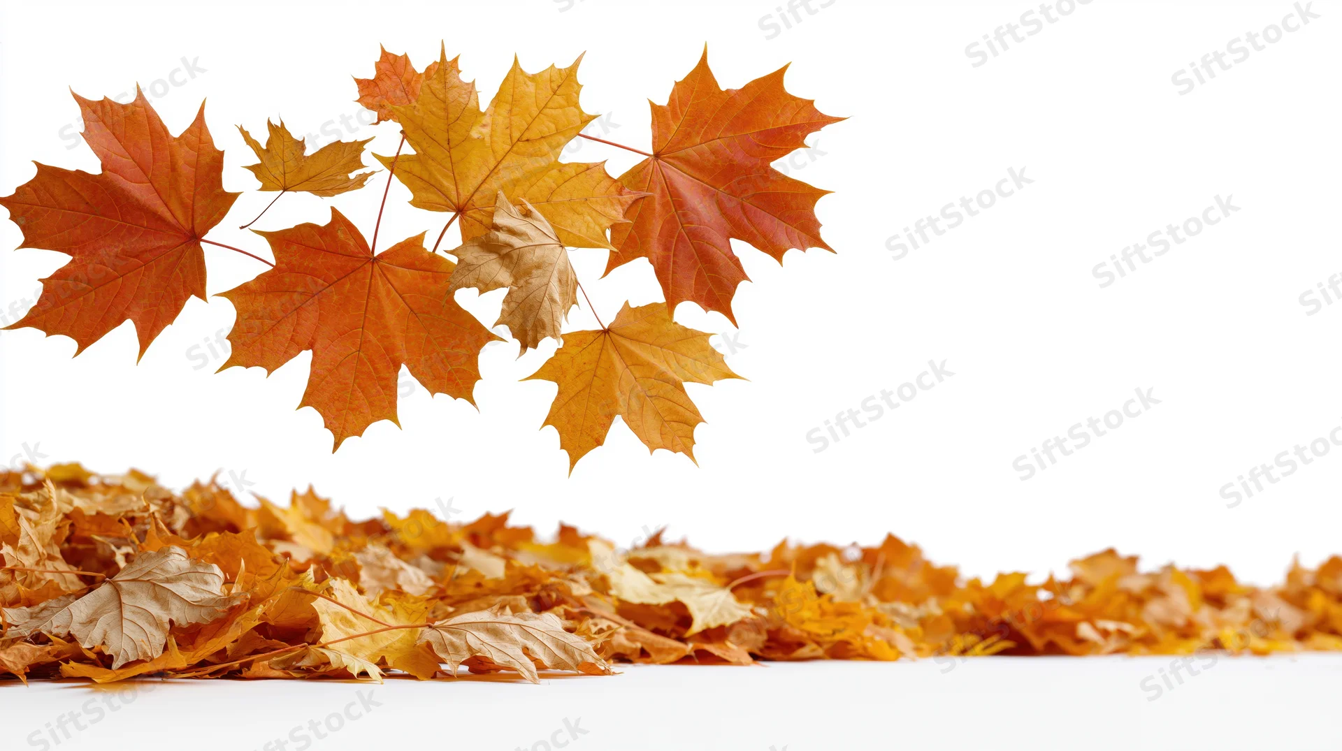 Maple leaves falling in mid-air above a pile on white background