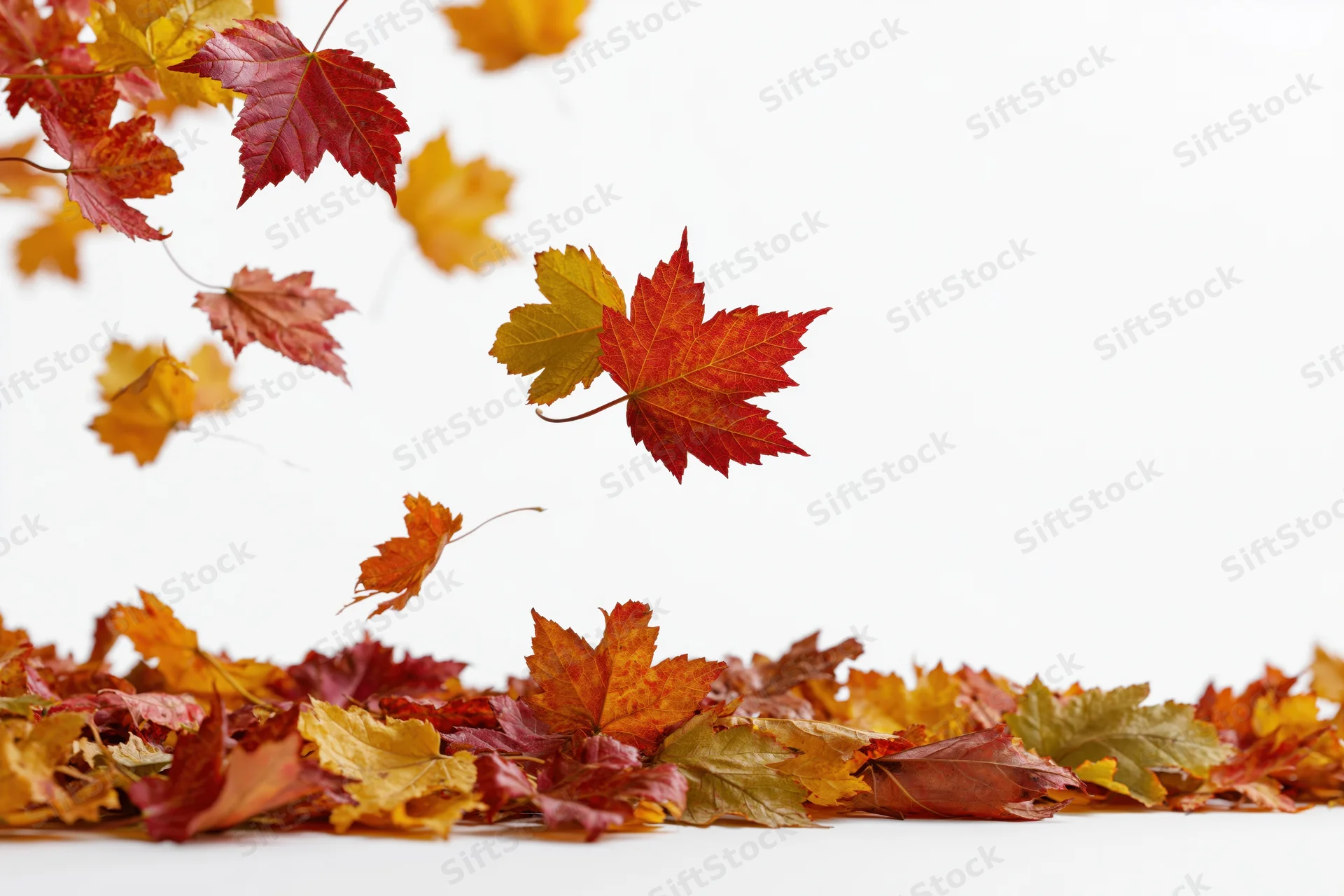 Maple leaves falling in mid-air over a pile on white background