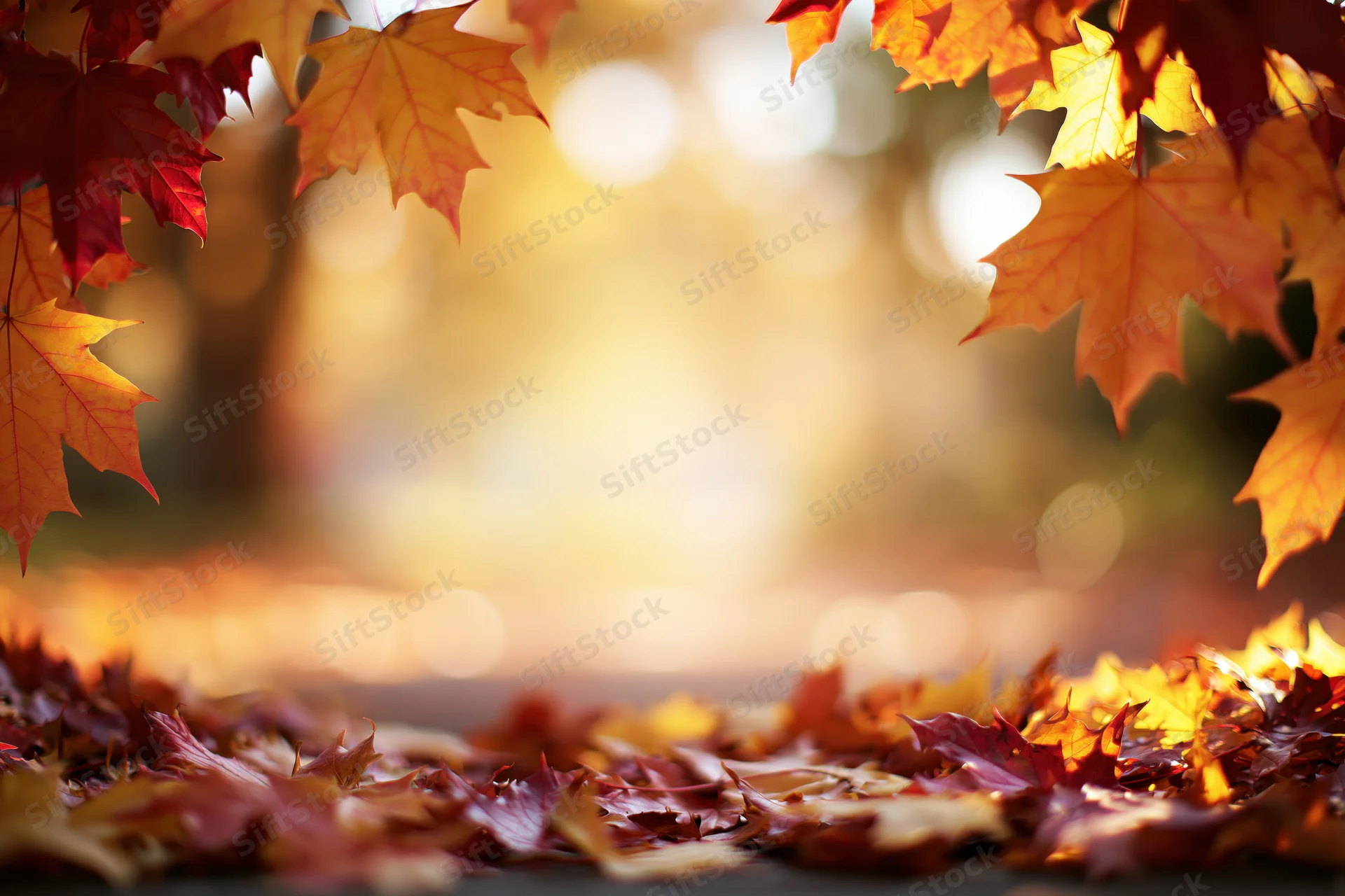 Autumn maple leaves framing the edges with warm sunlight and bokeh background