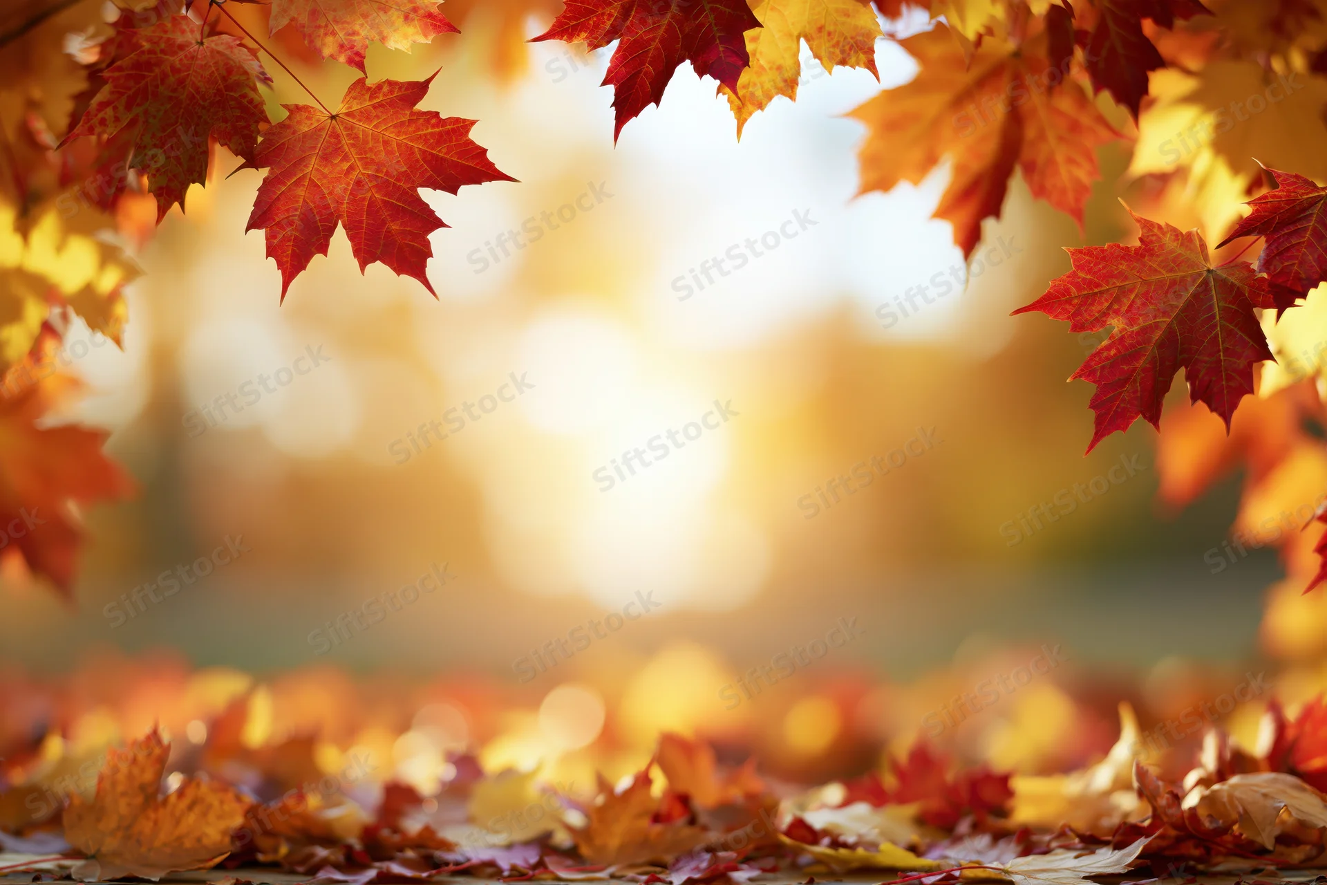 Autumn maple leaves framing the edges with sunlight and fallen foliage on the ground