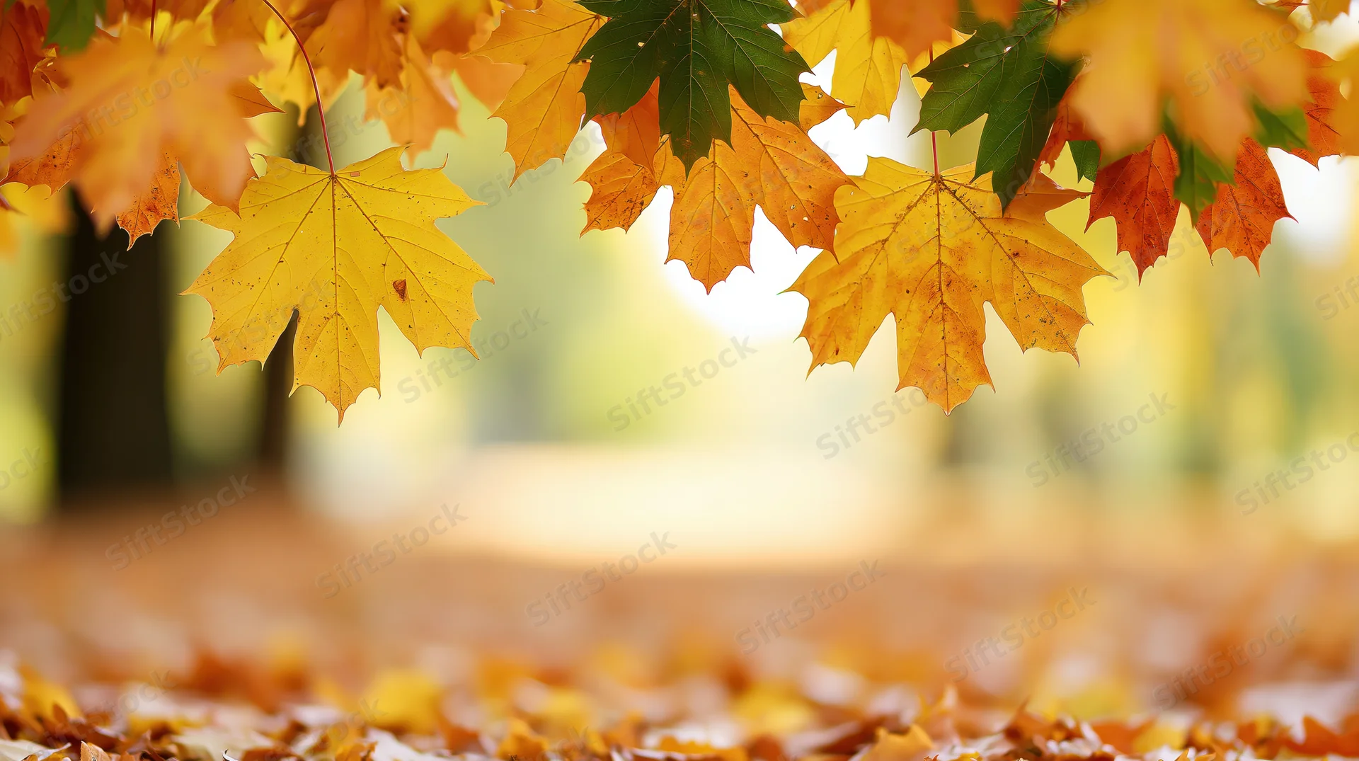 Maple leaves in yellow orange and green hanging over a carpet of fallen leaves in a park