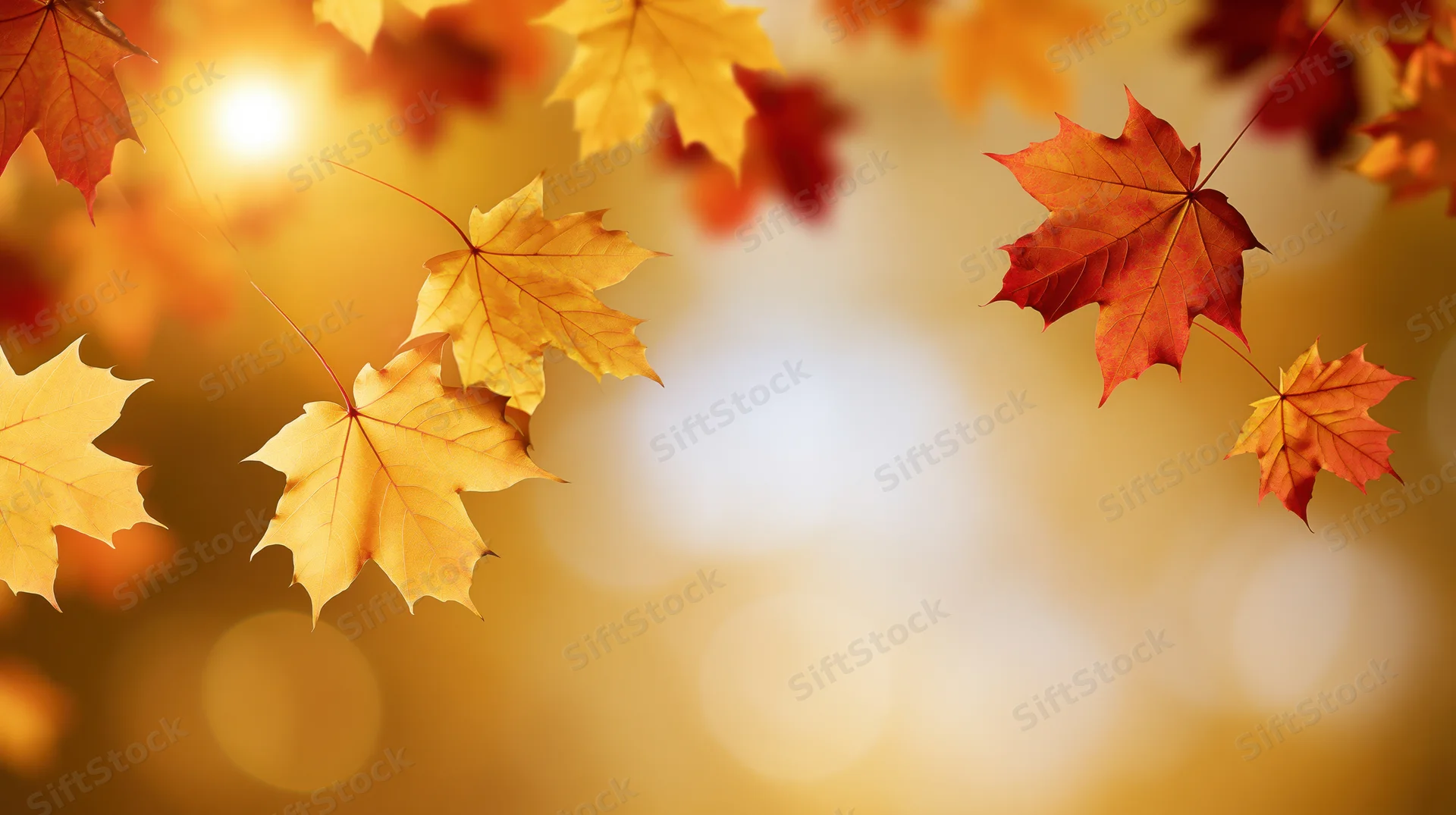 Autumn maple leaves floating in warm sunlight against a blurred golden background with copyspace