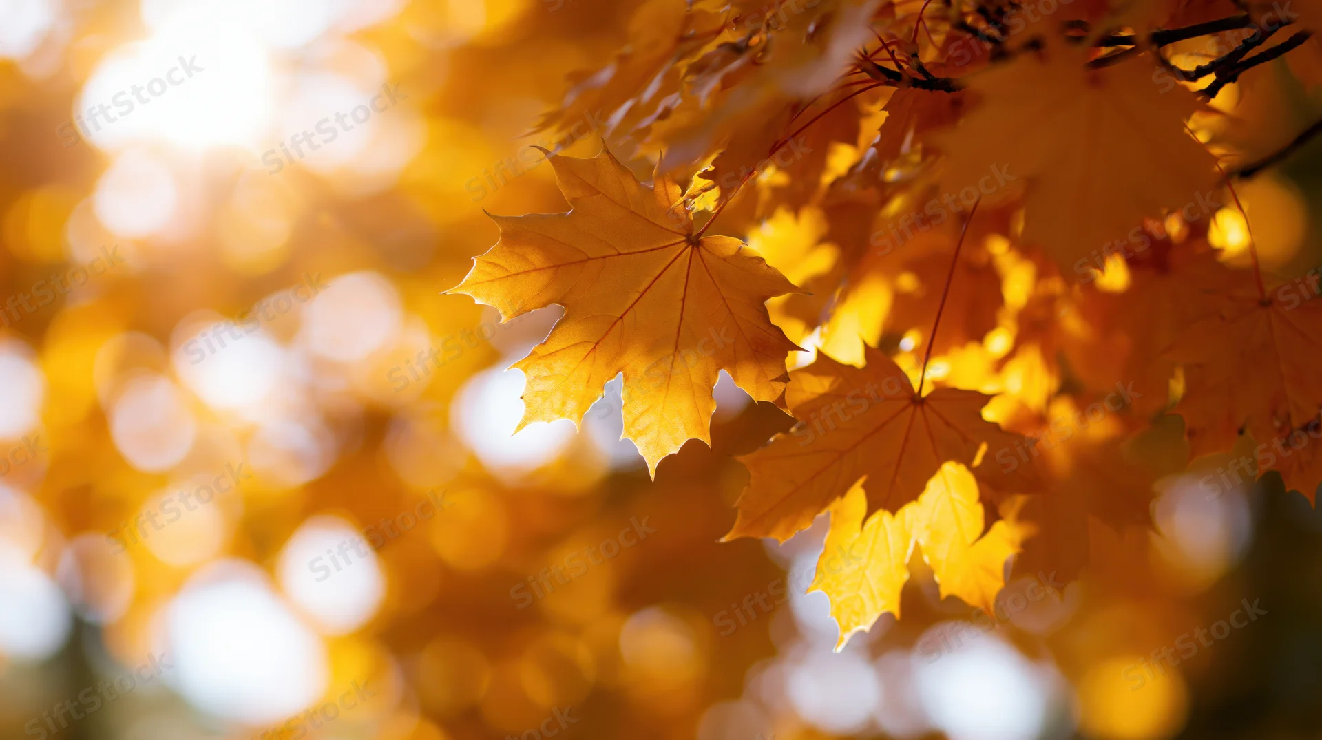 Golden maple leaves backlit by sunlight on a branch in autumn foliage