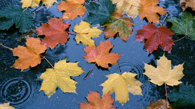 Autumn maple leaves floating on a rain-covered puddle with ripples and water droplets