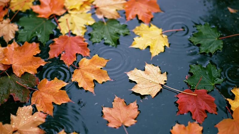 Maple leaves floating on a rain-covered puddle with ripples and droplets