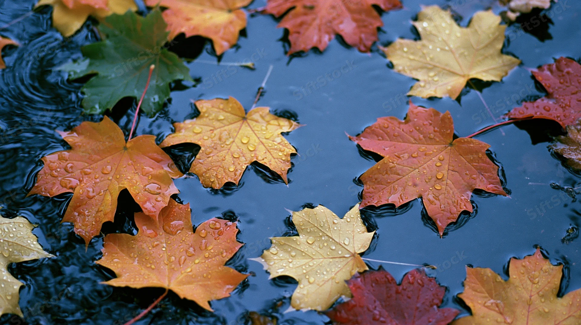 Maple leaves floating on a rain-covered puddle with water droplets and ripples