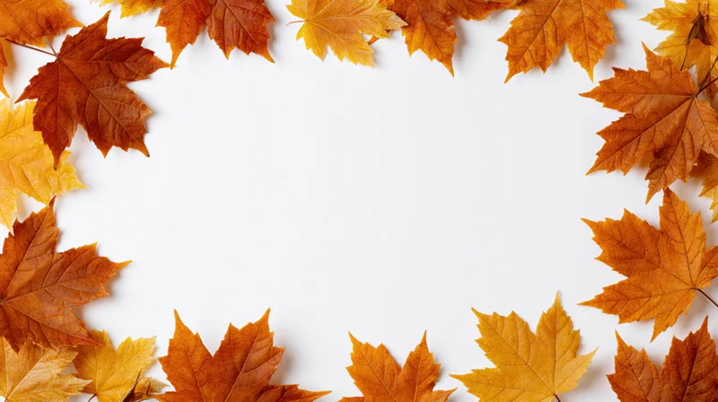 Maple leaves arranged in a border around a white background with copyspace