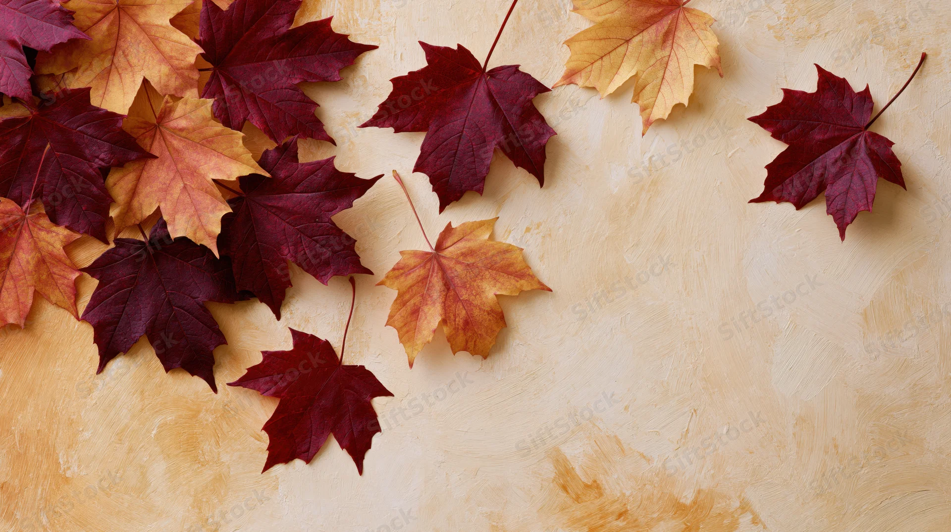 Maple leaves scattered across a textured surface with copyspace on the right