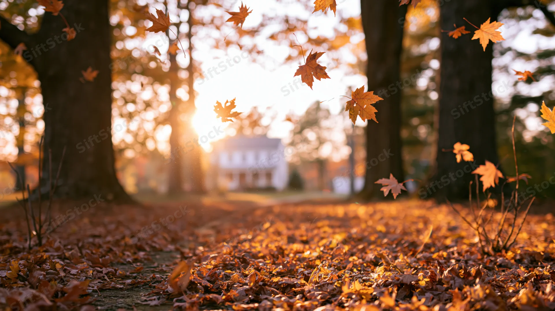 Maple leaves falling through a sunlit forest with a house in the background