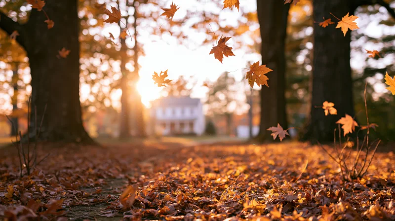 Maple leaves falling through a sunlit forest with a house in the background