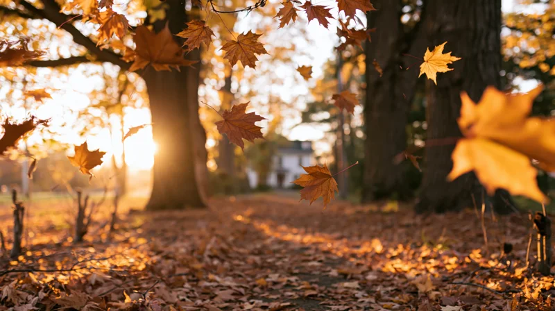 Maple leaves falling and swirling in a forest path at sunset