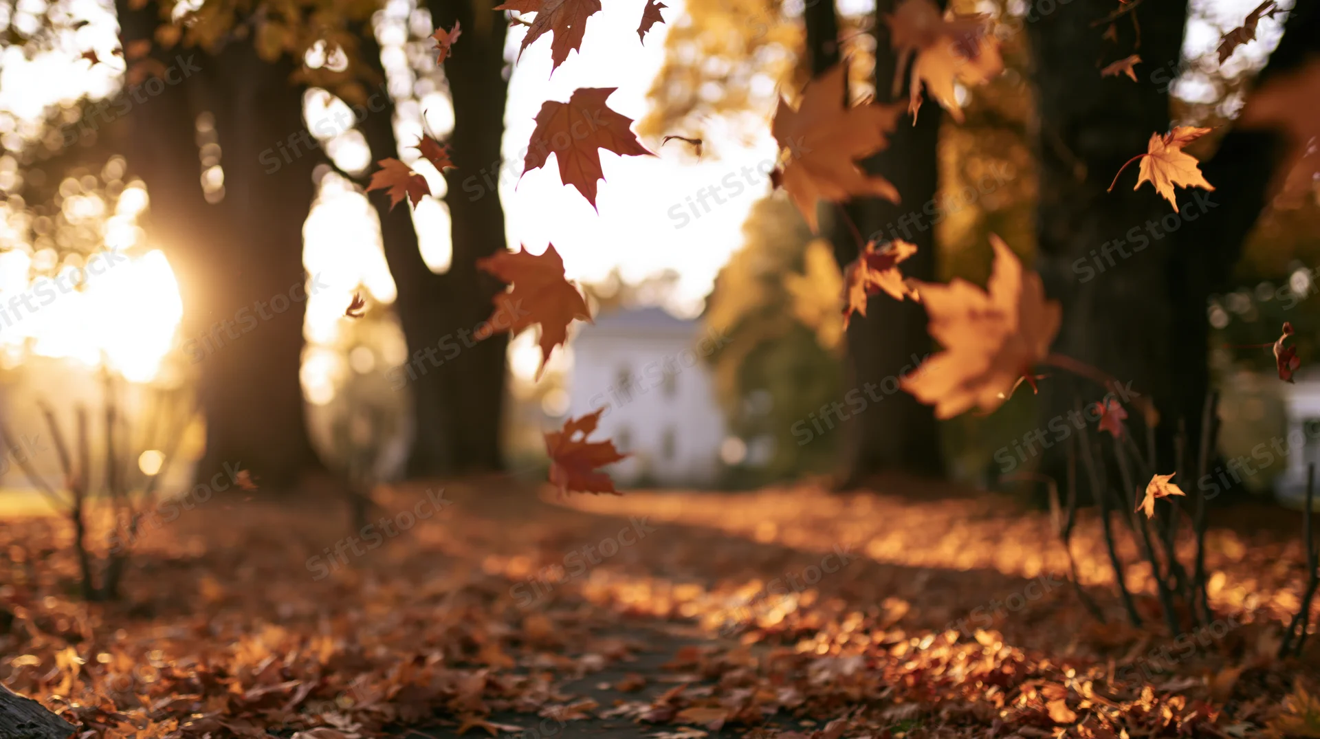 Maple leaves falling and swirling in autumn light along a tree-lined path in a park