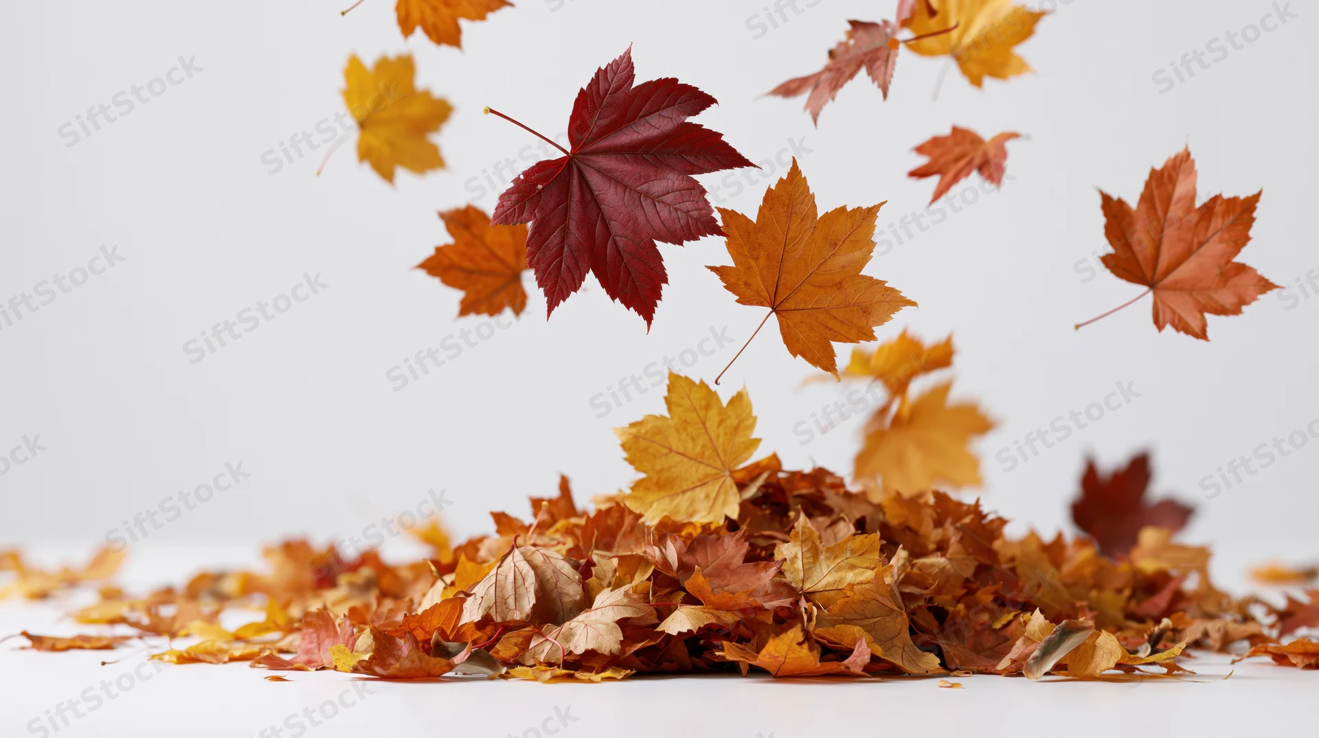 Maple leaves swirling upward in a gust of wind over a pile on white background