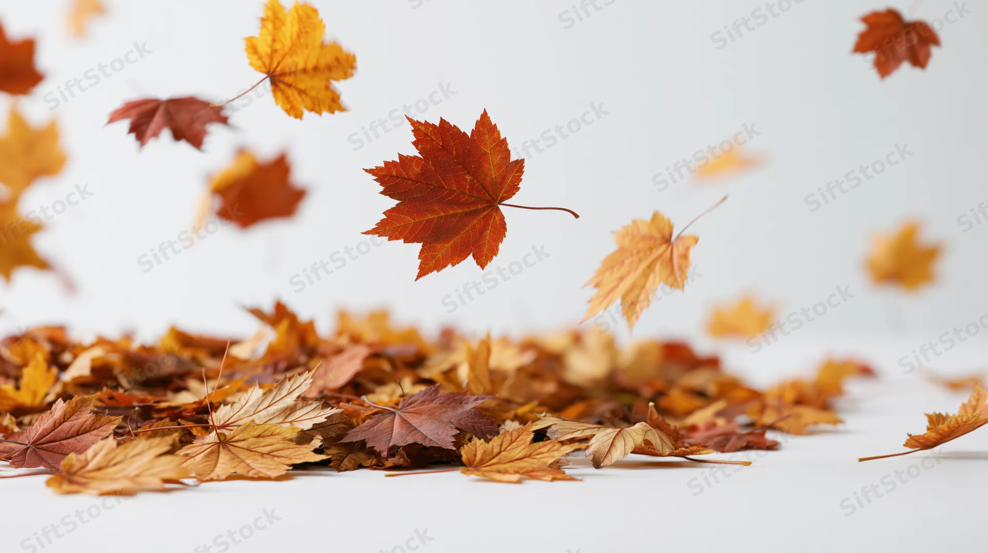 Maple leaves swirling upward in a gust of wind over a white surface