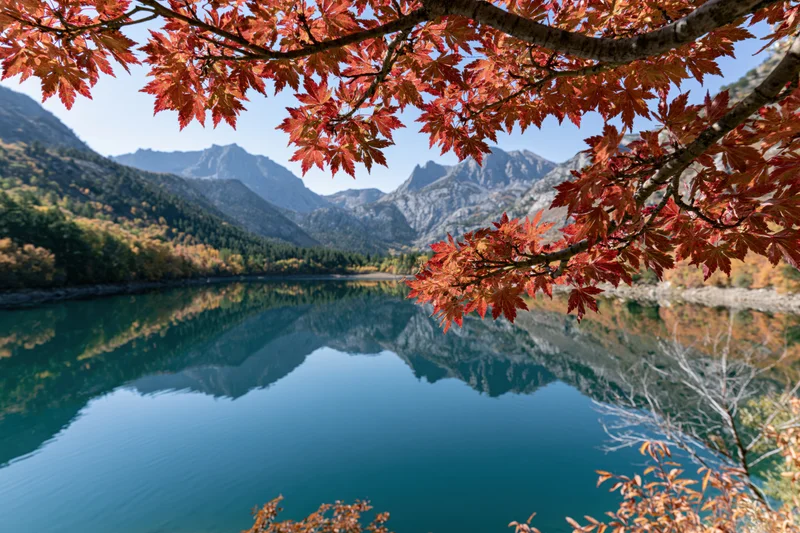 Red and orange maple leaves framing a calm lake reflecting mountains in autumn landscape