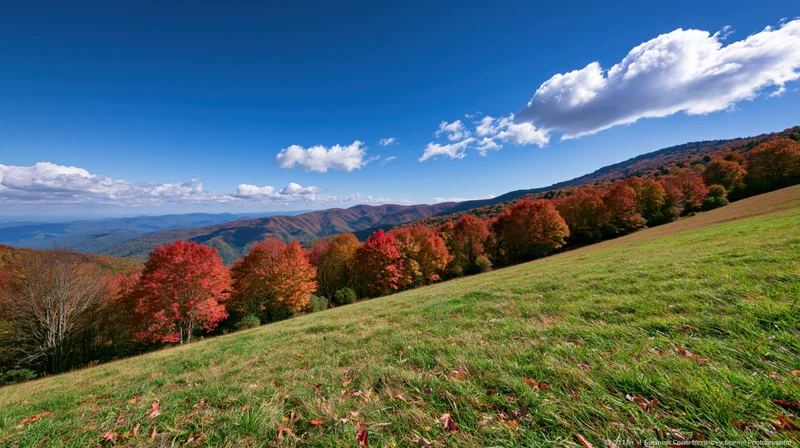 Autumn landscape with colorful trees lining a grassy hillside meadow under a blue sky with clouds