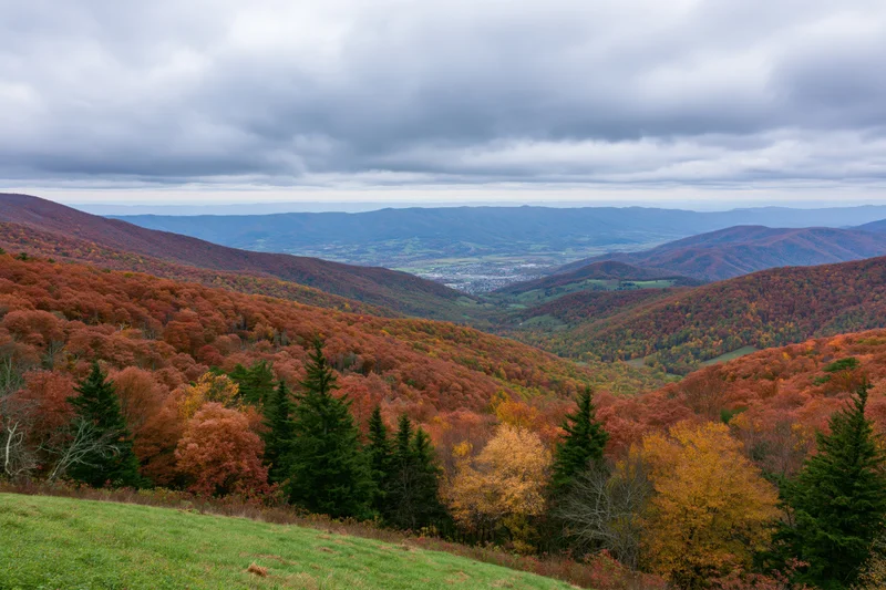 Autumn landscape with colorful forested mountains and valley view under cloudy sky