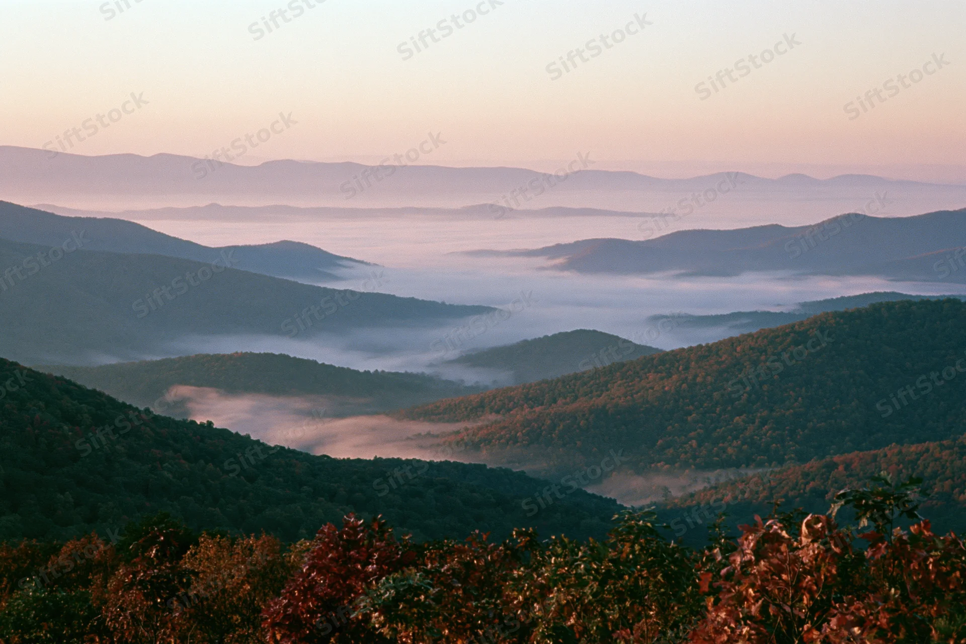 Mountain valley filled with low-lying fog at sunrise in autumn