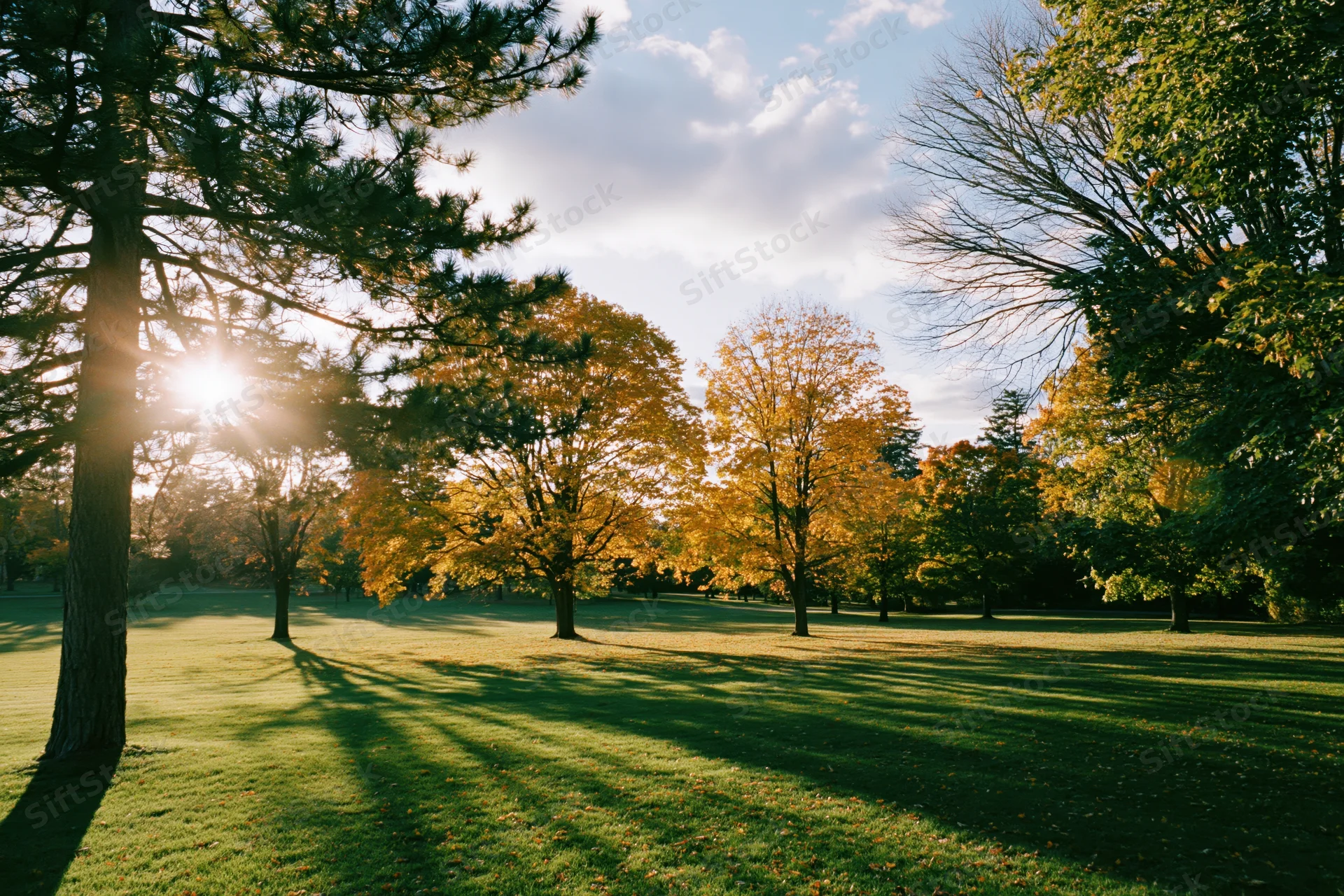 Autumn park landscape with trees displaying yellow and orange foliage under sunlight on a grassy field