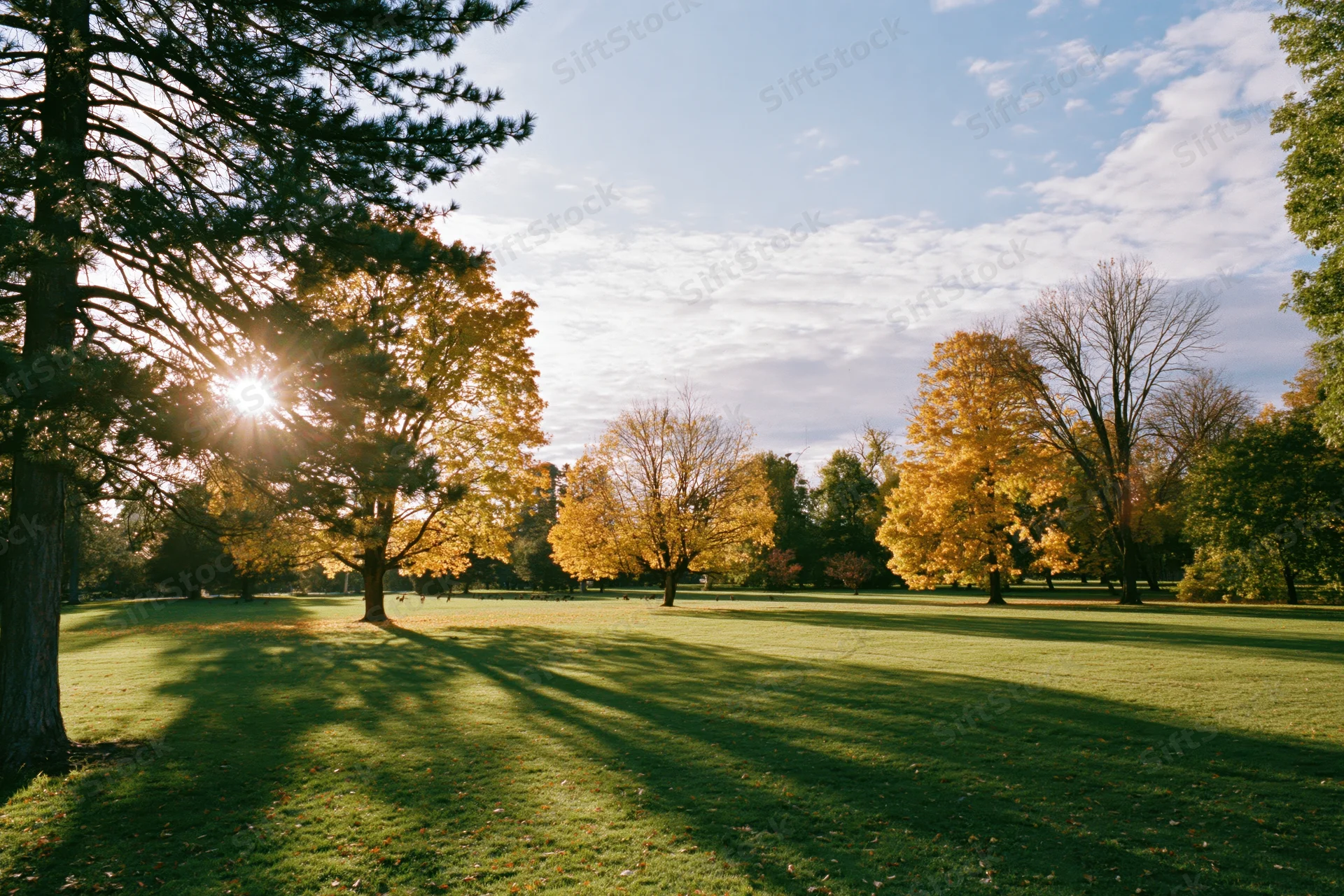 Autumn park landscape with golden trees and sunlight over green grass under blue sky