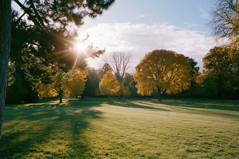 Autumn park landscape with golden trees and sunlight over green grass