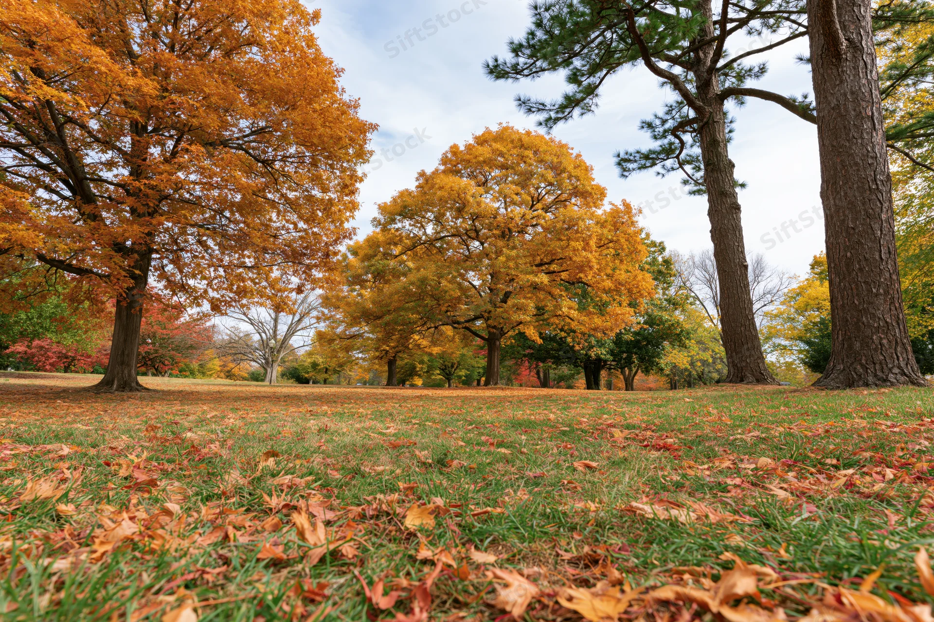 Autumn park landscape with broad-leafed trees in full fall color and fallen leaves covering the grassy ground