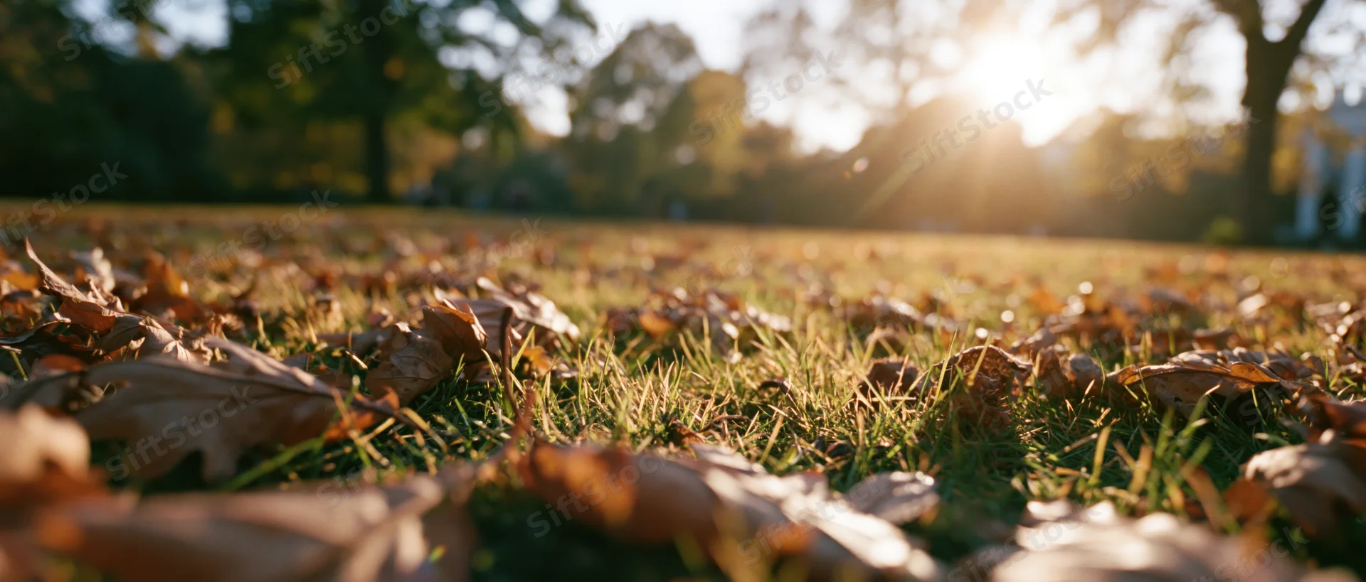 Low-angle view of fallen autumn leaves scattered across a grassy park lawn with sunlight filtering through trees in the background
