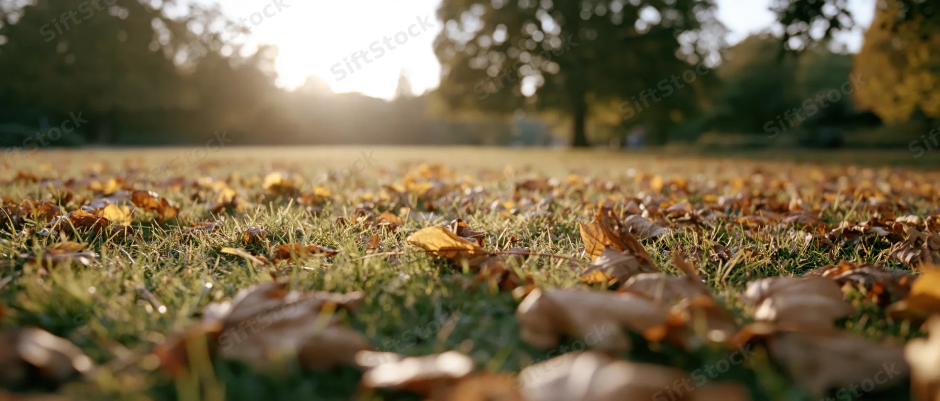 Fallen leaves scattered across a grassy park lawn at low angle with sunlight filtering through trees