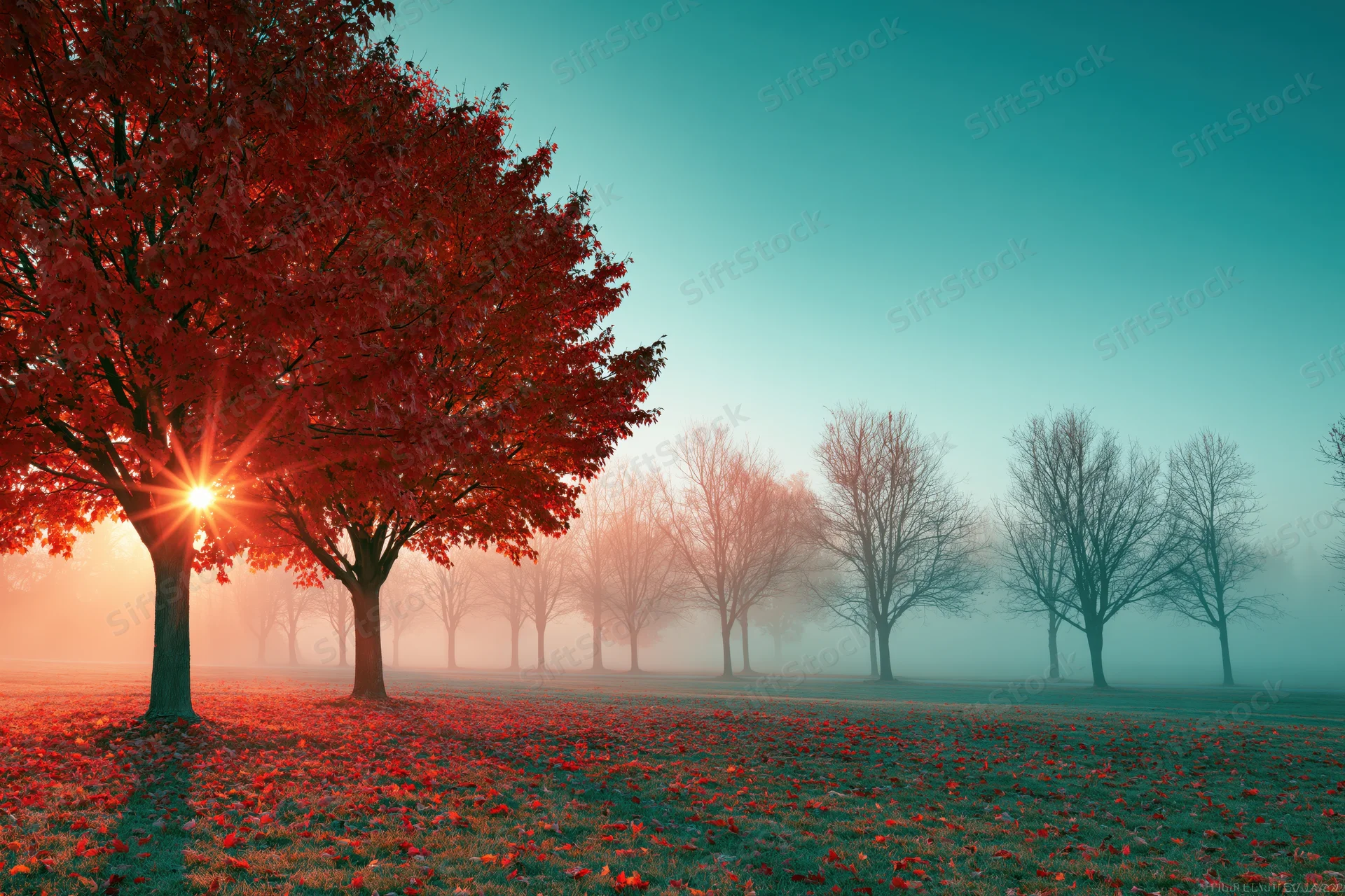 Red maple trees in a foggy park at sunrise with fallen leaves covering the ground