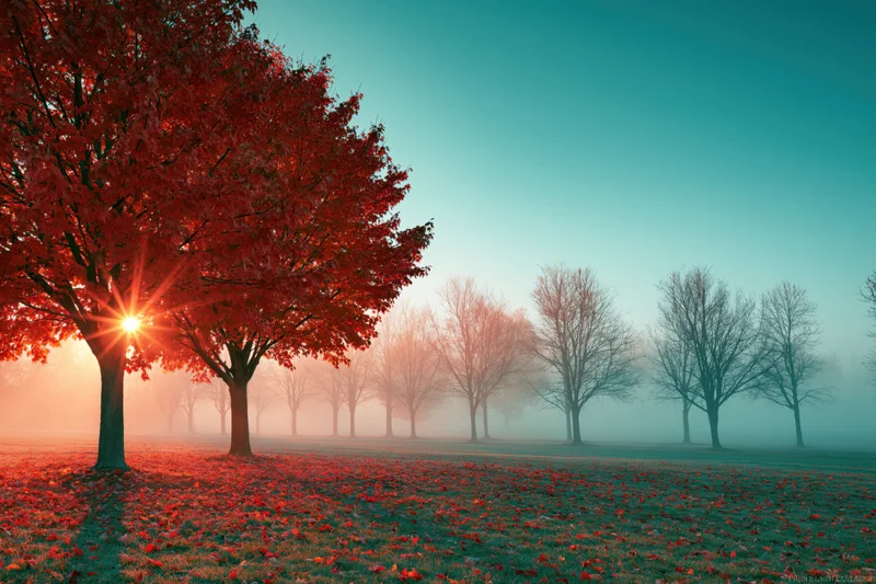Red maple trees in a foggy park at sunrise with fallen leaves covering the ground