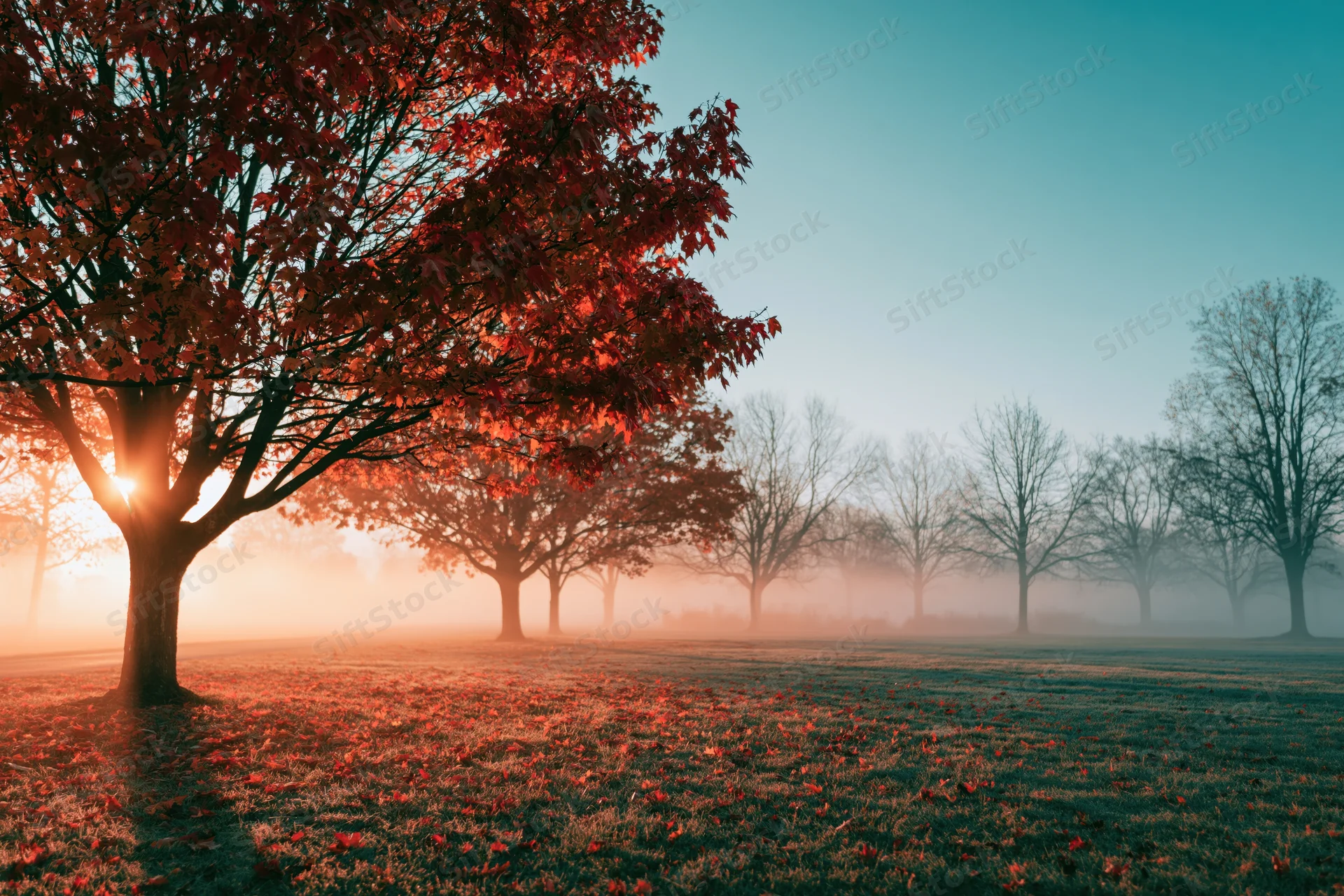 Red maple trees in autumn park at sunrise with fog over grassy field