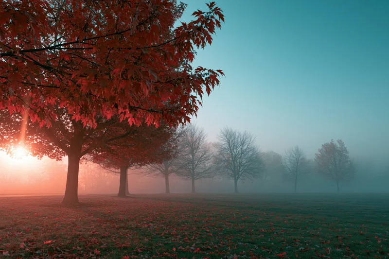 Red maple trees in a foggy park at sunrise with fallen leaves on grass