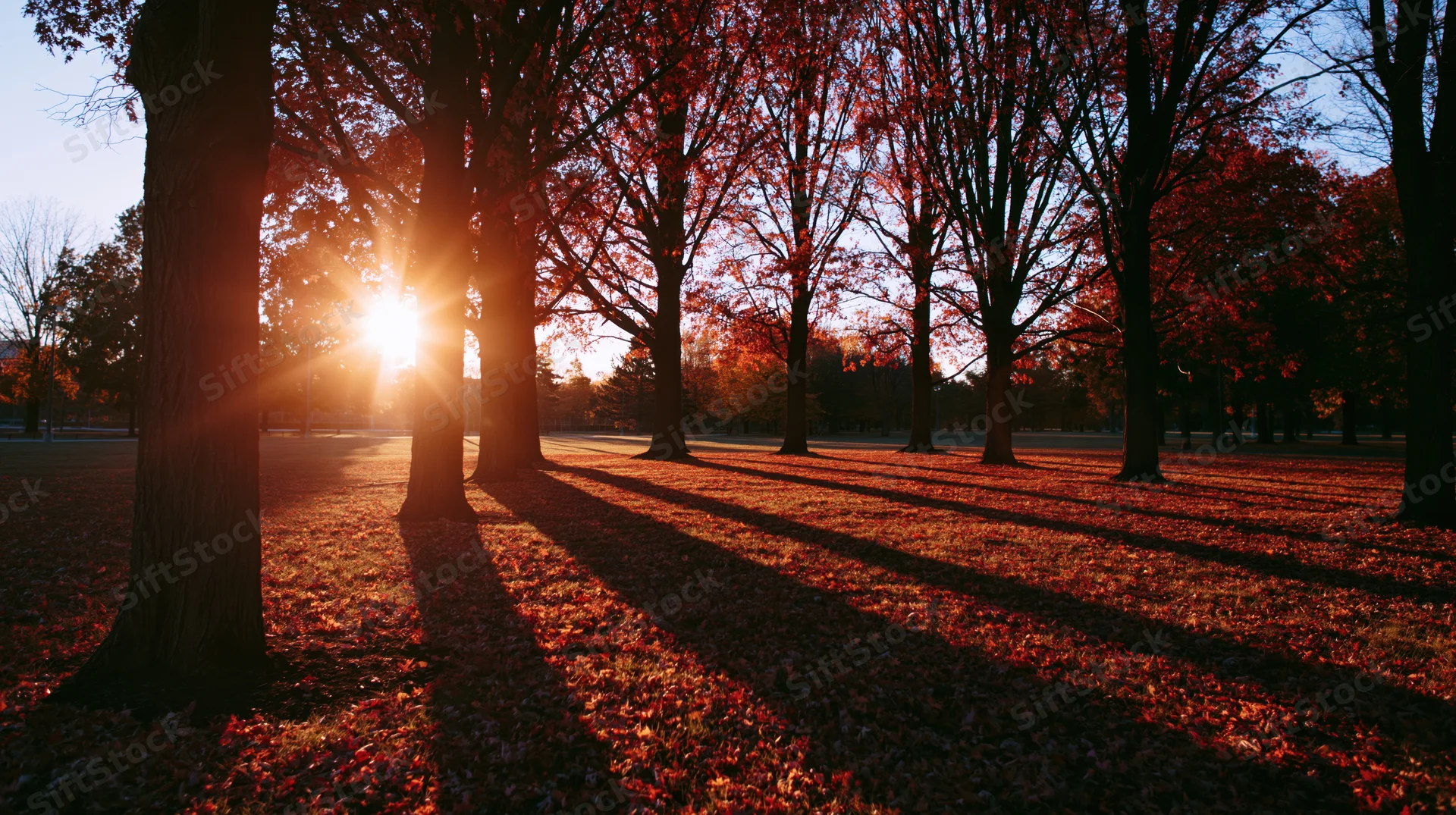 Sunlight filtering through tall trees in an autumn park with red leaves covering the ground