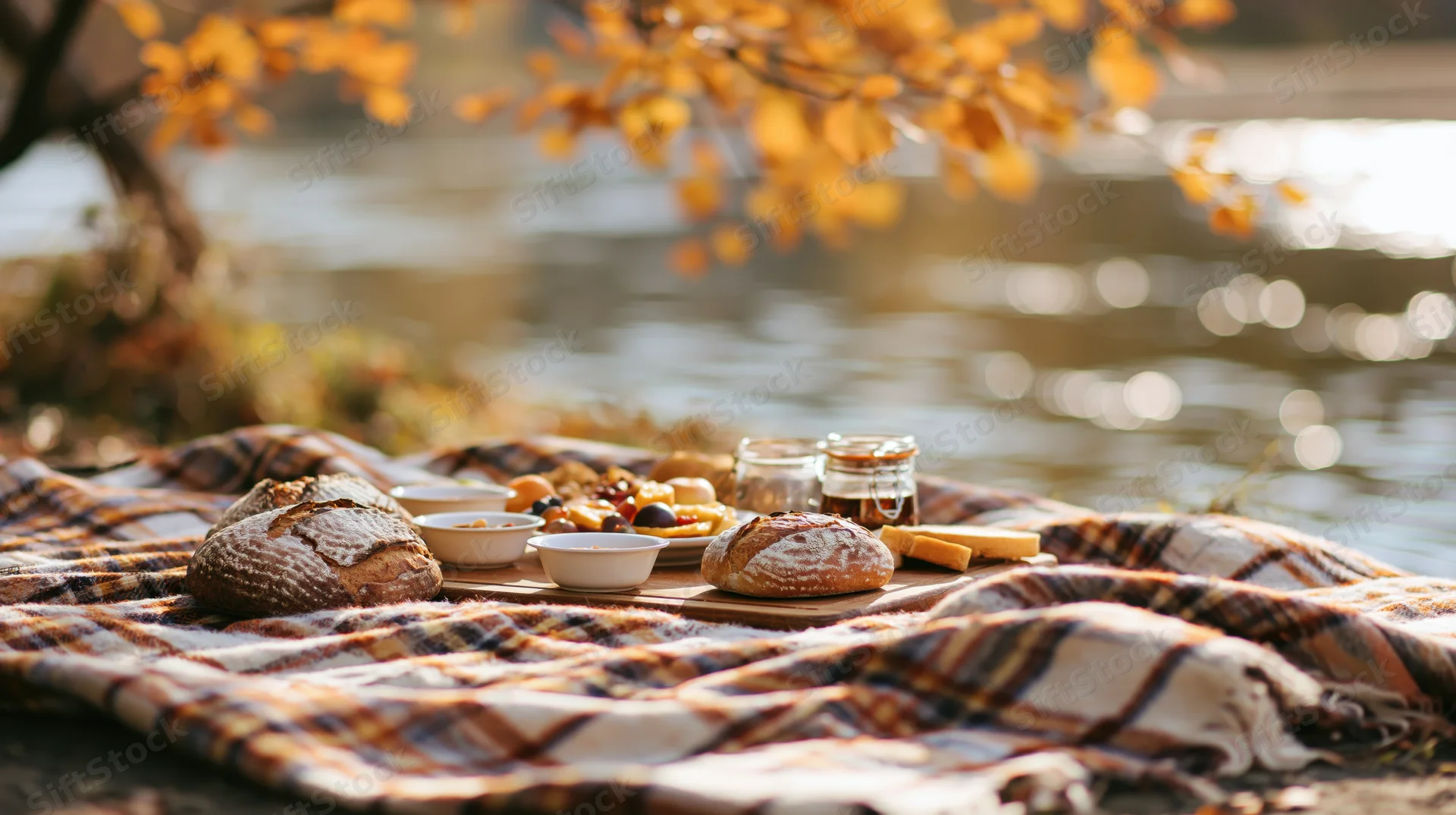 Autumn picnic spread on a plaid wool blanket beside a calm river