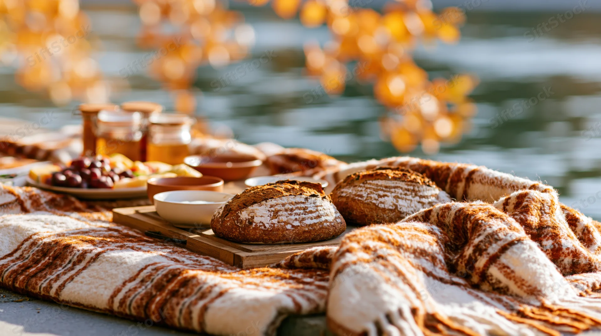 Autumn picnic spread on a plaid wool blanket beside a calm river