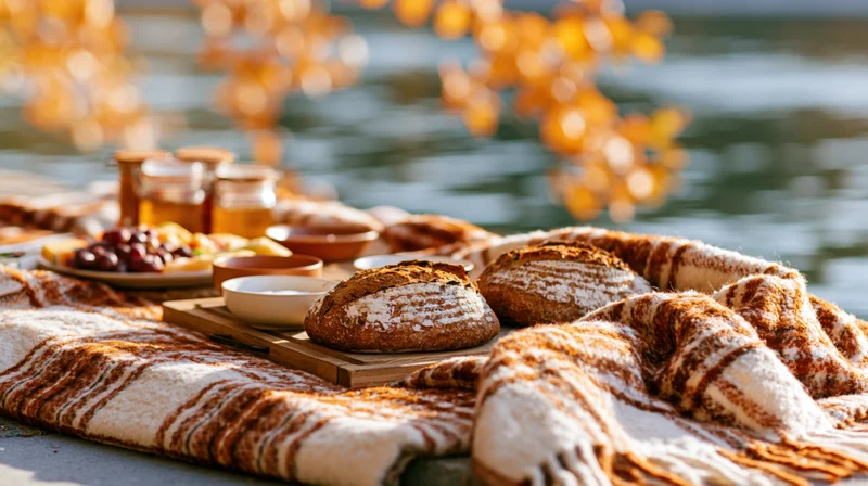 Autumn picnic spread on a plaid wool blanket beside a calm river