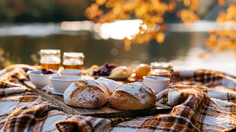 Picnic spread with bread, fruit, and honey on a plaid wool blanket beside a calm river at sunset