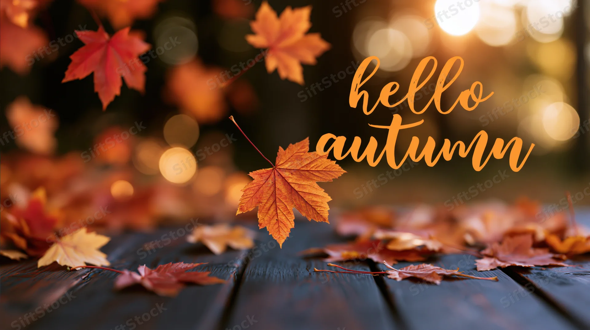 Autumn maple leaves scattered on dark wooden deck with warm bokeh lights and hello autumn text