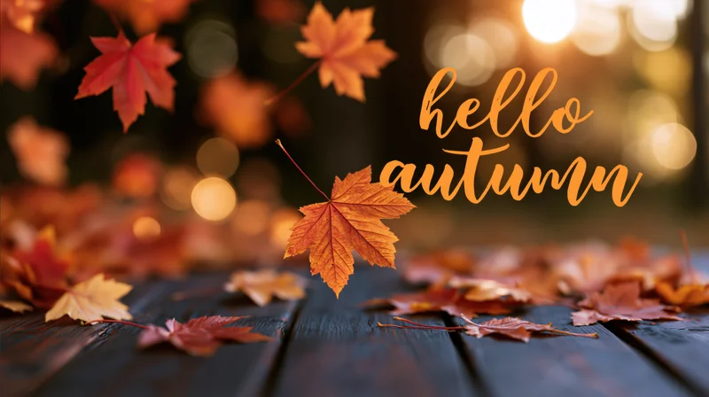Autumn maple leaves scattered on dark wooden deck with warm bokeh lights and hello autumn text
