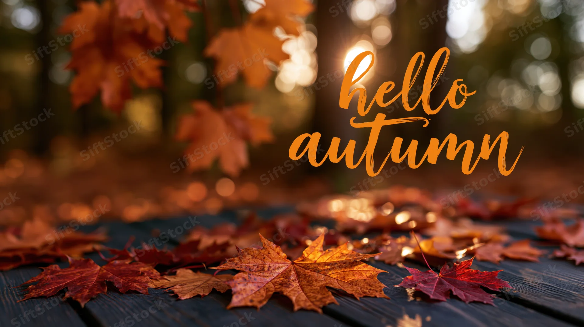 Autumn maple leaves scattered on a wooden deck in a forest with sunlight filtering through trees