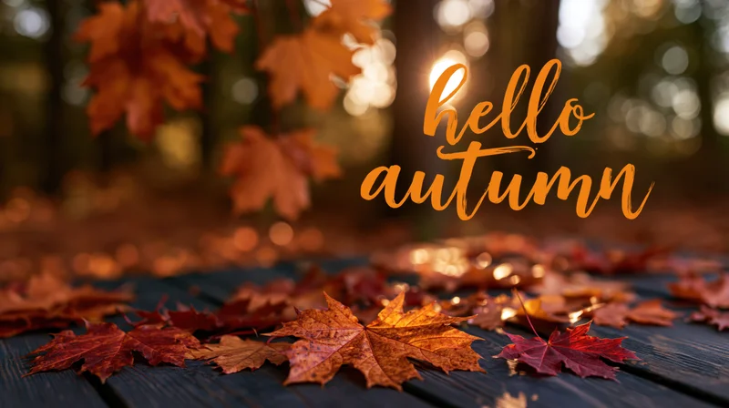 Autumn maple leaves scattered on a wooden deck in a forest with sunlight filtering through trees